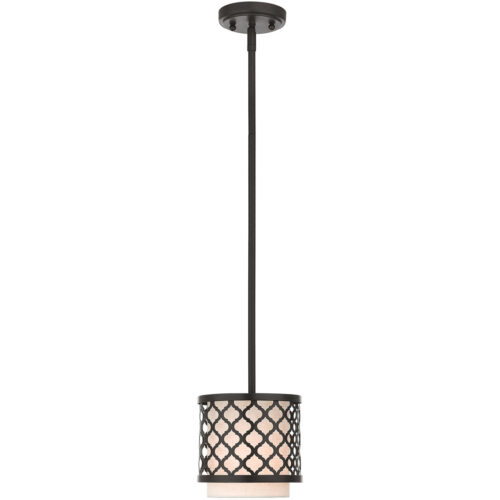 1 Light English Bronze Mini Pendant with Hand Crafted Oatmeal Color Fabric Outside & White Fabric Inside Hardback Shade Shade-Lighting LumensPendant Lights