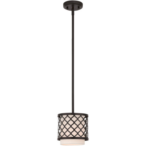 1 Light English Bronze Mini Pendant with Hand Crafted Oatmeal Color Fabric Outside & White Fabric Inside Hardback Shade Shade-Lighting LumensPendant Lights