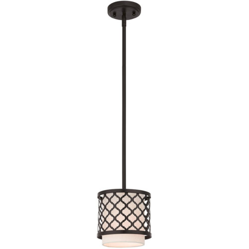 1 Light English Bronze Mini Pendant with Hand Crafted Oatmeal Color Fabric Outside & White Fabric Inside Hardback Shade Shade-Lighting LumensPendant Lights