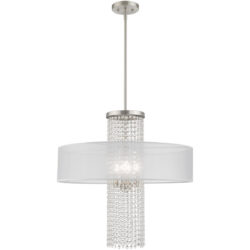 4 Light Brushed Nickel Pendant Chandelier with Clear Crystals/ Hand Crafted Translucent Fabric Shade-Lighting LumensChandeliers