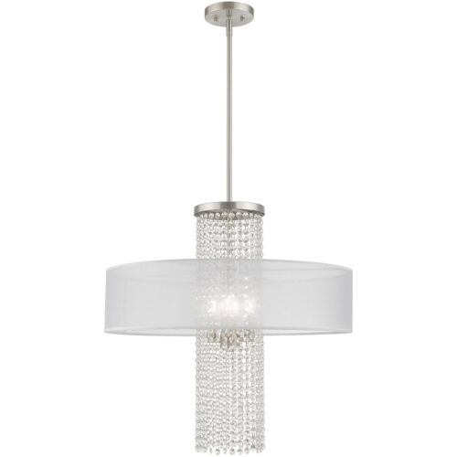 4 Light Brushed Nickel Pendant Chandelier with Clear Crystals/ Hand Crafted Translucent Fabric Shade-Lighting LumensChandeliers