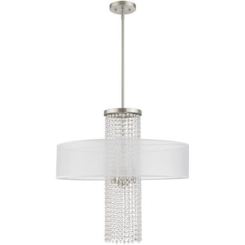 4 Light Brushed Nickel Pendant Chandelier with Clear Crystals/ Hand Crafted Translucent Fabric Shade-Lighting LumensChandeliers