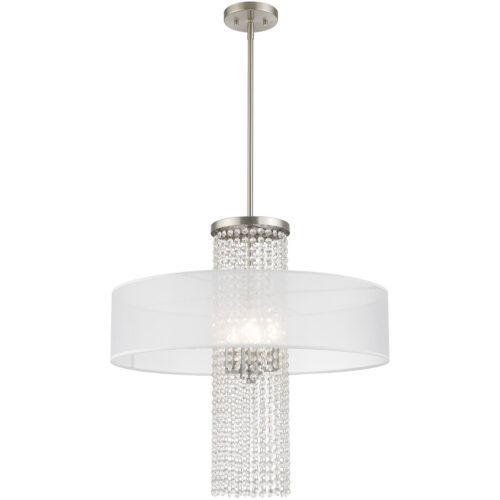 4 Light Brushed Nickel Pendant Chandelier with Clear Crystals/ Hand Crafted Translucent Fabric Shade-Lighting LumensChandeliers