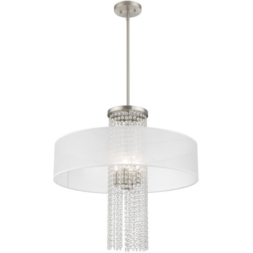 4 Light Brushed Nickel Pendant Chandelier with Clear Crystals/ Hand Crafted Translucent Fabric Shade-Lighting LumensChandeliers