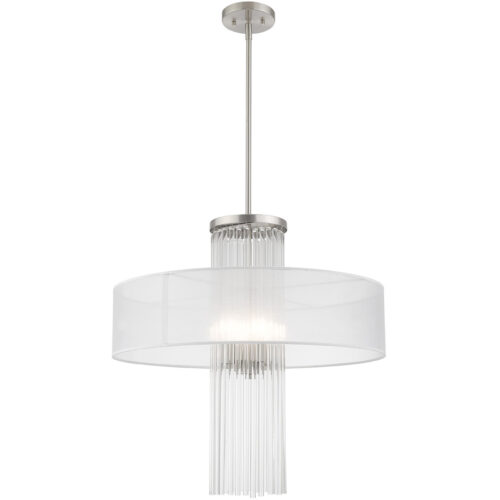 4 Light Brushed Nickel Pendant Chandelier with Clear Crystal Rods/ Hand Crafted Translucent Fabric Shade-Lighting LumensChandeliers