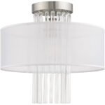 1 Light Brushed Nickel Ceiling Light fixture with Clear Crystal Rods/ Hand Crafted Translucent Fabric Shade-Lighting LumensFlush Mount Ceiling Lights