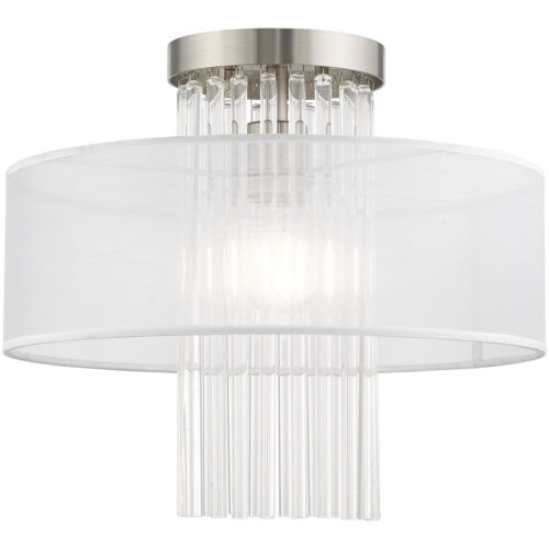 1 Light Brushed Nickel Ceiling Light fixture with Clear Crystal Rods/ Hand Crafted Translucent Fabric Shade-Lighting LumensFlush Mount Ceiling Lights