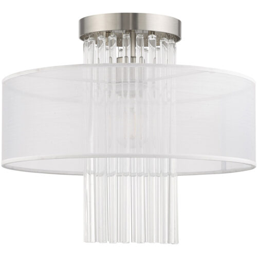 1 Light Brushed Nickel Ceiling Light fixture with Clear Crystal Rods/ Hand Crafted Translucent Fabric Shade-Lighting LumensFlush Mount Ceiling Lights