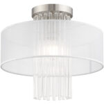 1 Light Brushed Nickel Ceiling Light fixture with Clear Crystal Rods/ Hand Crafted Translucent Fabric Shade-Lighting LumensFlush Mount Ceiling Lights