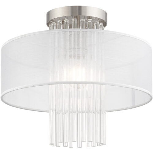 1 Light Brushed Nickel Ceiling Light fixture with Clear Crystal Rods/ Hand Crafted Translucent Fabric Shade-Lighting LumensFlush Mount Ceiling Lights