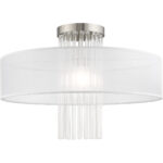 1 Light Brushed Nickel Ceiling Light fixture with Clear Crystal Rods/ Hand Crafted Translucent Fabric Shade-Lighting LumensFlush Mount Ceiling Lights