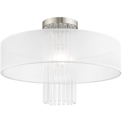 1 Light Brushed Nickel Ceiling Light fixture with Clear Crystal Rods/ Hand Crafted Translucent Fabric Shade-Lighting LumensFlush Mount Ceiling Lights