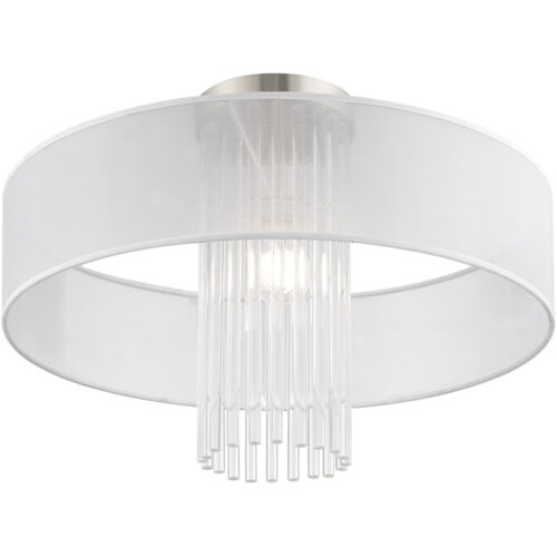 1 Light Brushed Nickel Ceiling Light fixture with Clear Crystal Rods/ Hand Crafted Translucent Fabric Shade-Lighting LumensFlush Mount Ceiling Lights