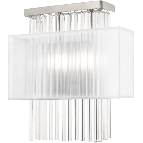 13 inch 2 Light Brushed Nickel ADA Wall Sconce with Clear Crystal Rods/ Hand Crafted Translucent Fabric Shade Shade-Lighting LumensWall Sconces