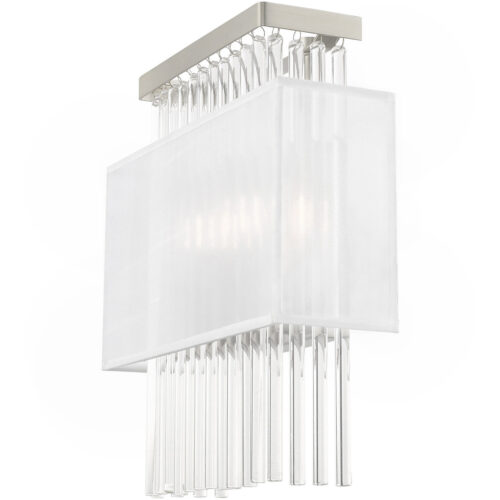 13 inch 2 Light Brushed Nickel ADA Wall Sconce with Clear Crystal Rods/ Hand Crafted Translucent Fabric Shade Shade-Lighting LumensWall Sconces