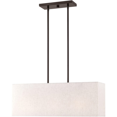 8 inch 3 Light English Bronze Linear Chandelier with Hand Crafted Oatmeal Color Fabric Outside & White Fabric Inside Hardback Shade-Lighting LumensChandeliers