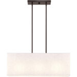 8 inch 3 Light English Bronze Linear Chandelier with Hand Crafted Oatmeal Color Fabric Outside & White Fabric Inside Hardback Shade-Lighting LumensChandeliers