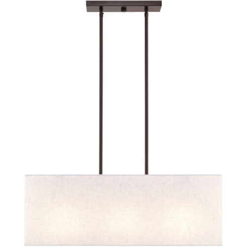 8 inch 3 Light English Bronze Linear Chandelier with Hand Crafted Oatmeal Color Fabric Outside & White Fabric Inside Hardback Shade-Lighting LumensChandeliers