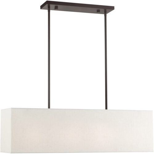 8.5 inch 4 Light English Bronze Linear Chandelier with Hand Crafted Oatmeal Color Fabric Outside & White Fabric Inside Hardback Shade-Lighting LumensChandeliers