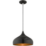 1 Light Shiny Black Mini Pendant with Shiny Black Metal Shade with Gold Finish Inside Shade-Lighting LumensPendant Lights