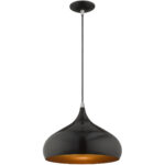 1 Light Shiny Black Mini Pendant with Shiny Black Metal Shade with Gold Finish Inside Shade-Lighting LumensPendant Lights