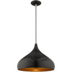 1 Light Shiny Black Mini Pendant with Shiny Black Metal Shade with Gold Finish Inside Shade-Lighting LumensPendant Lights