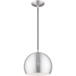 1 Light Brushed Aluminum Mini Pendant with Brushed Aluminum Metal Shade with Shiny White Finish Inside Shade-Lighting LumensPendant Lights