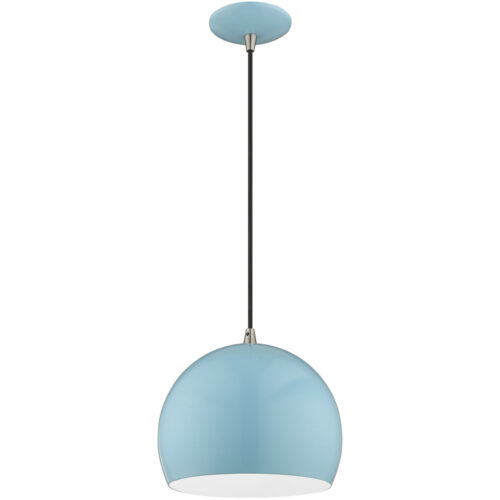 1 Light Shiny Baby Blue Mini Pendant with Shiny Baby Blue Metal Shade with Shiny White Finish Inside Shade-Lighting LumensPendant Lights