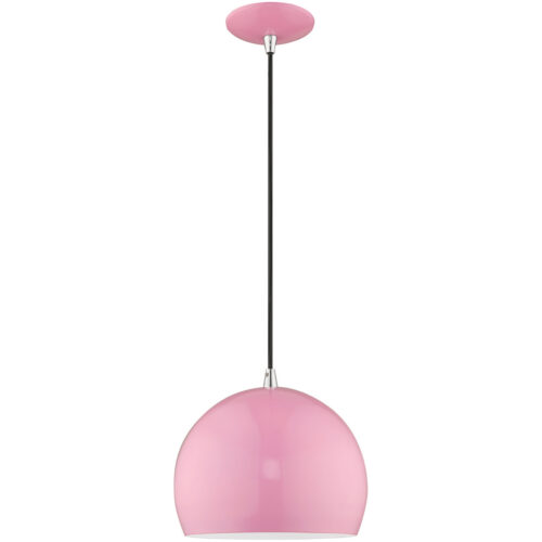 1 Light Shiny Pink Mini Pendant with Shiny Pink Metal Shade with Shiny White Finish Inside Shade-Lighting LumensPendant Lights