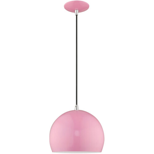 1 Light Shiny Pink Mini Pendant with Shiny Pink Metal Shade with Shiny White Finish Inside Shade-Lighting LumensPendant Lights