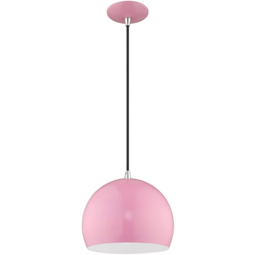 1 Light Shiny Pink Mini Pendant with Shiny Pink Metal Shade with Shiny White Finish Inside Shade-Lighting LumensPendant Lights