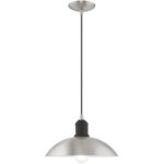 1 Light Brushed Nickel Mini Pendant with Brushed Nickel Metal Shade with Shiny White Finish Inside Shade-Lighting LumensPendant Lights