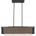 12 inch 3 Light Bronze Linear Chandelier with Bronze Stainless Steel Mesh Outside & Hand Crafted Oatmeal Fabric Hardback Inside Shade-Lighting LumensChandeliers