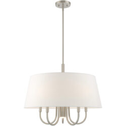 6 Light Brushed Nickel Pendant Chandelier with Hand Crafted Off-White Fabric Hardback Shade-Lighting LumensChandeliers