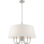 6 Light Brushed Nickel Pendant Chandelier with Hand Crafted Off-White Fabric Hardback Shade-Lighting LumensChandeliers