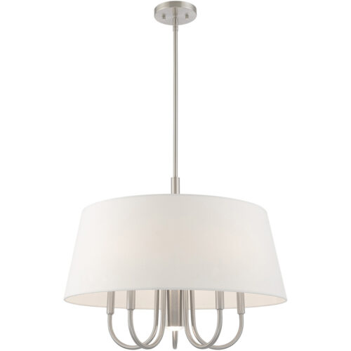 6 Light Brushed Nickel Pendant Chandelier with Hand Crafted Off-White Fabric Hardback Shade-Lighting LumensChandeliers