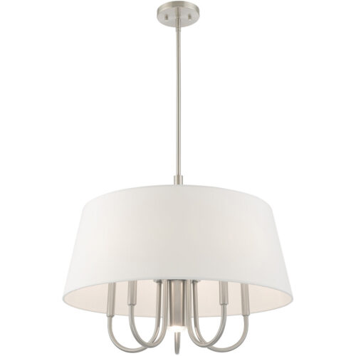 6 Light Brushed Nickel Pendant Chandelier with Hand Crafted Off-White Fabric Hardback Shade-Lighting LumensChandeliers