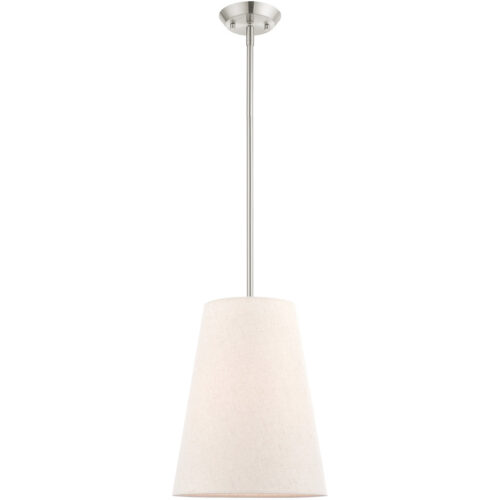 1 Light Brushed Nickel Shaded Chandelier with Hand Crafted Oatmeal Fabric Hardback Shade-Lighting LumensChandeliers