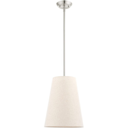 1 Light Brushed Nickel Shaded Chandelier with Hand Crafted Oatmeal Fabric Hardback Shade-Lighting LumensChandeliers