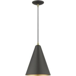 41492-07 1 Light Bronze Cone Pendant with Antique Brass Accents-Lighting LumensPendant Lights