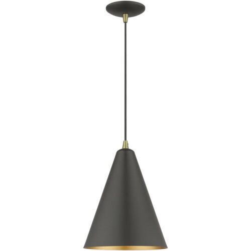 41492-07 1 Light Bronze Cone Pendant with Antique Brass Accents-Lighting LumensPendant Lights