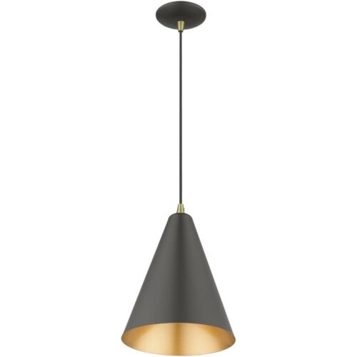 41492-07 1 Light Bronze Cone Pendant with Antique Brass Accents-Lighting LumensPendant Lights