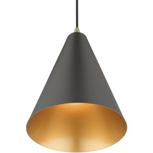 41492-07 1 Light Bronze Cone Pendant with Antique Brass Accents-Lighting LumensPendant Lights