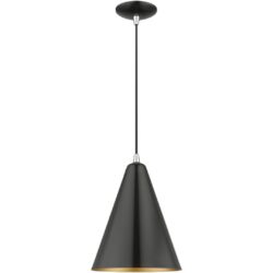 41492-68 1 Light Shiny Black Cone Pendant with Polished Chrome Accents-Lighting LumensPendant Lights