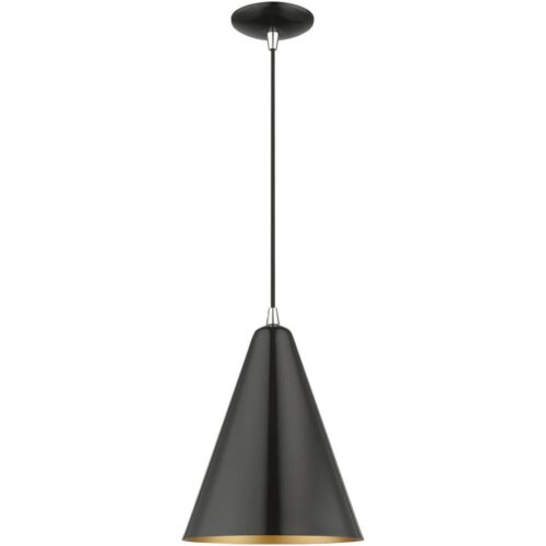 41492-68 1 Light Shiny Black Cone Pendant with Polished Chrome Accents-Lighting LumensPendant Lights