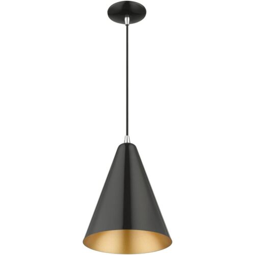 41492-68 1 Light Shiny Black Cone Pendant with Polished Chrome Accents-Lighting LumensPendant Lights