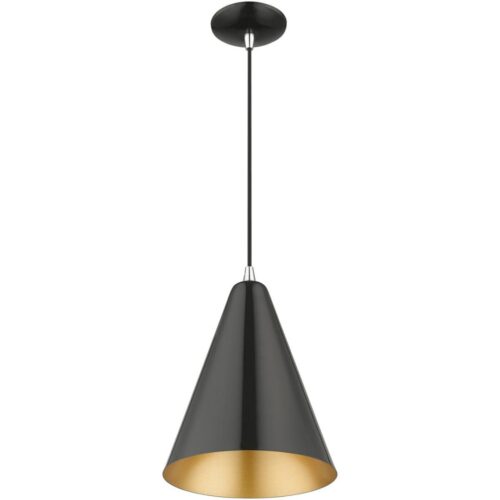 41492-68 1 Light Shiny Black Cone Pendant with Polished Chrome Accents-Lighting LumensPendant Lights