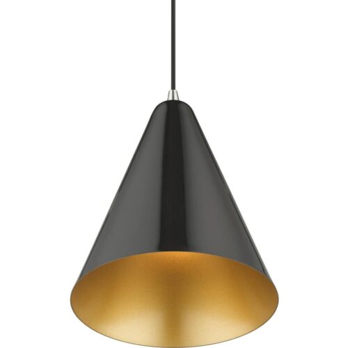 41492-68 1 Light Shiny Black Cone Pendant with Polished Chrome Accents-Lighting LumensPendant Lights