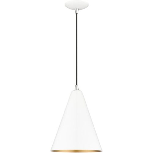 41492-69 1 Light Shiny White Cone Pendant with Polished Chrome Accents-Lighting LumensPendant Lights