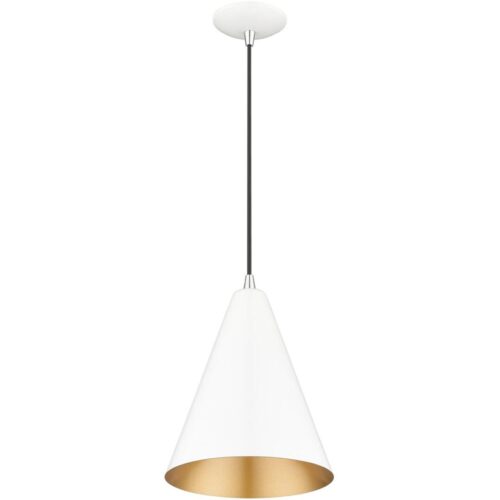 41492-69 1 Light Shiny White Cone Pendant with Polished Chrome Accents-Lighting LumensPendant Lights